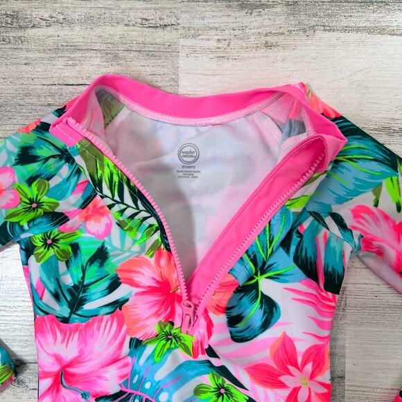 Wonder Nation Girls Swimsuit Size 2T One Piece Rashguard Neon Tropical Floral - Picture 3 of 5